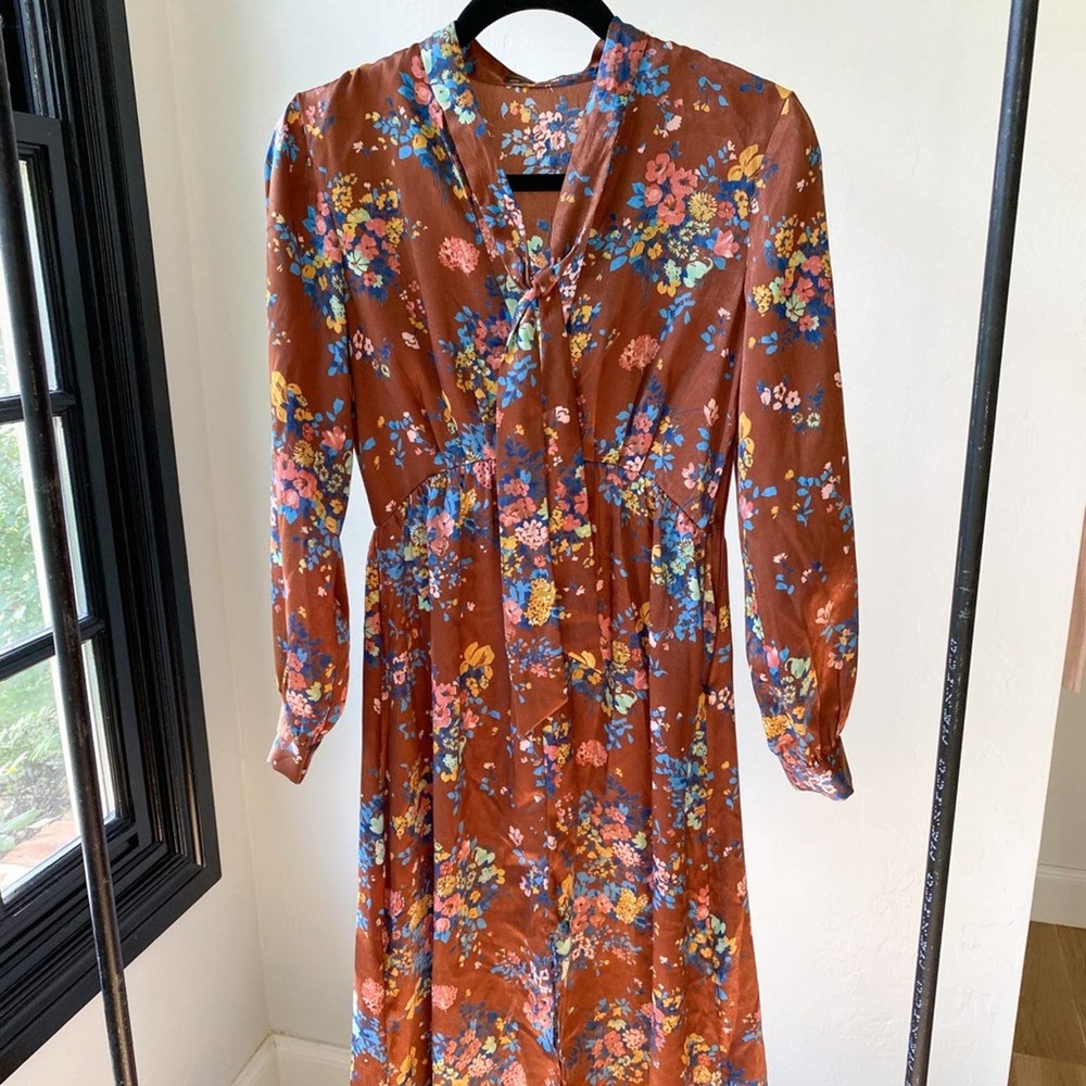 ZARA BASIC Women's Copper Floral Long Sleeve Self Tie Neckline Midi Dress sz XS